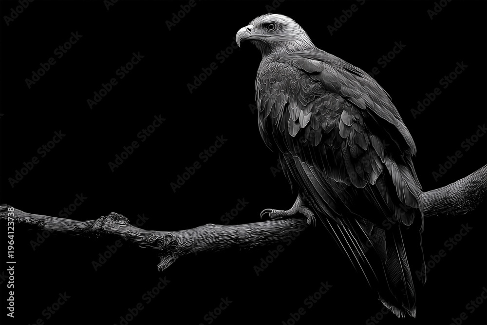 Fototapeta premium Solitary Eagle Perched on Branch, Solid Black Background, Highly Realistic Feathers and Sharp Details