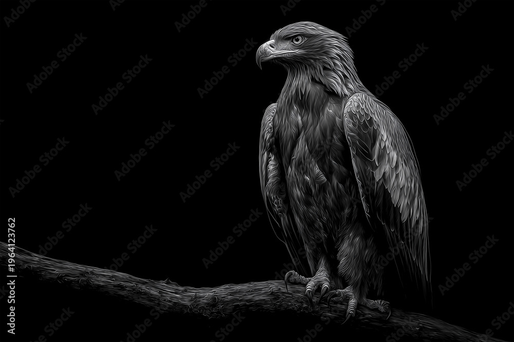 Fototapeta premium Solitary Eagle Perched on Branch, Solid Black Background, Highly Realistic Feathers and Sharp Details