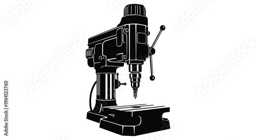 Detailed depiction of a drill press machine in stark silhouette
