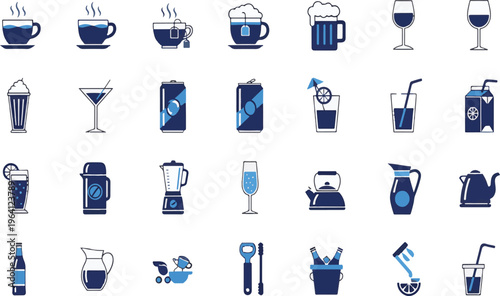 Drinks and Beverage Icons Set with Cups, Glasses, Bottles, and Containers for Food, Beverage, and Hospitality Designs