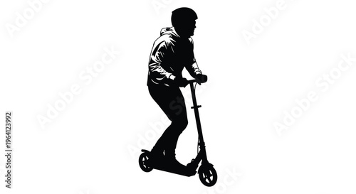 A person riding a scooter depicted in a stark black silhouette