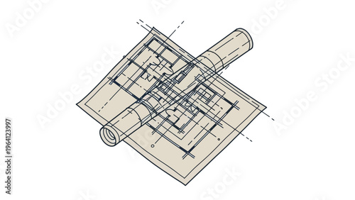 An architectural or technical drawing. Floor plan or blueprint, with a rolled-up drawing.