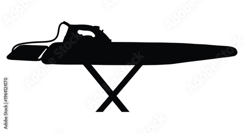 A black silhouette of an iron and ironing board against white