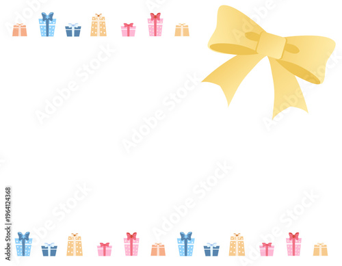 大きなリボンと沢山のプレゼントの可愛いフレーム素材　黄色　右上