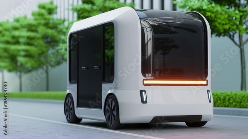 Futuristic autonomous electric shuttle with sleek design on urban street surrounded by greenery.