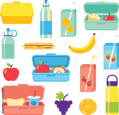 Lunchbox and Healthy Food Icons Set with Sandwiches, Fruits, Drinks, and Snacks for School, Work, and Meal Planning