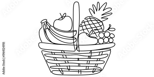 A simple black and white line art drawing of a woven basket filled with various fresh tropical fruits
