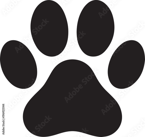 Black paw print vector icon, minimalist animal footprint silhouette, isolated dog or cat paw mark for pet care branding and veterinary logos