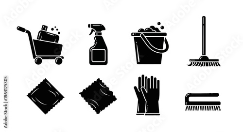 Cleaning Supplies Icons: Mop, Bucket, Spray Bottle, Gloves, Cart, Brush, Sponge