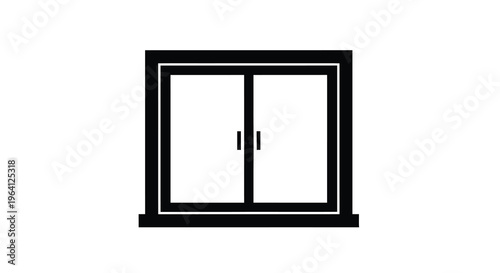 A simple black and white illustration depicts a rectangular sliding glass window with two panes high quality professional detailed modern elegant