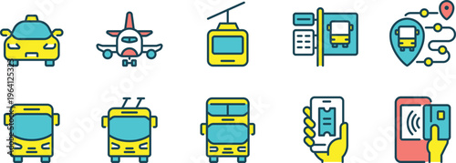 Illustrated icons representing various modes of transportation and technology