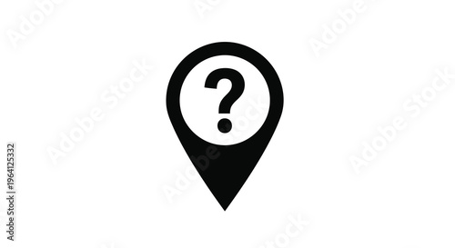 A simple black and white graphic displays a location pin icon with a centered question mark inside high quality professional detailed