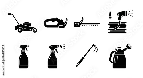 Gardening Tools Icons Set: Lawn Mower, Sprayers, Saw, Hose, Watering Can, Hoe