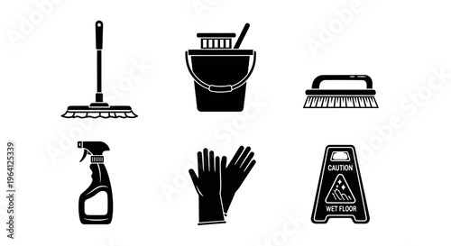 Cleaning Supplies Icons: Mop, Bucket, Brush, Spray Bottle, Gloves, Wet Floor Sign