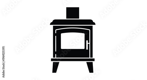 A simple black silhouette depicts a classic wood burning stove featuring a door and chimney against a white background high quality