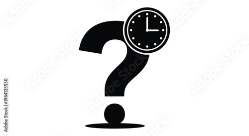 A black question mark graphic features a clock face embedded within its curve symbolizing time and uncertainty high quality professional detailed