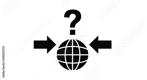 A black silhouette depicting a globe with two arrows pointing towards a question mark high quality professional detailed modern elegant stylish