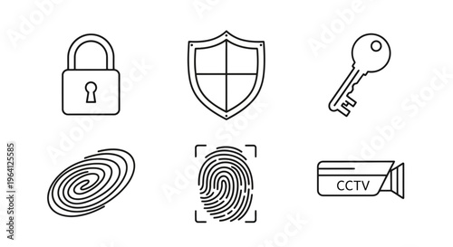 Security Icons A Visual Collection of Protection Symbols Including a Padlock, Shield, Key, Fingerprint Scanners, and CCTV Camera