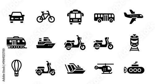 Icons representing various modes of transportation like cars, buses, trains, bicycles, and airplanes