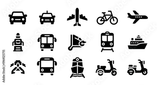 Collection of Black Silhouette Transportation Icons Featuring Cars, Buses, Airplanes, Bicycles, Boats, Trains, and Scooters for Travel and Logistics