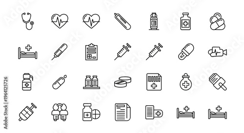 A comprehensive collection of medical and healthcare icons, including stethoscopes, heart monitors, syringes, pills, and hospital beds, perfect for design projects