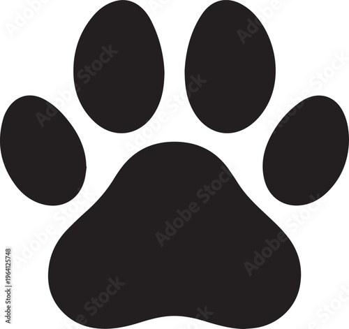 Black paw print vector icon, minimalist animal track silhouette, pet footprint graphic for veterinary and animal rescue branding