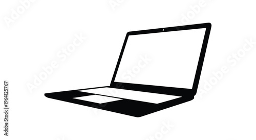 A simple black silhouette of an open laptop computer showcasing a blank screen and keyboard high quality professional detailed modern elegant