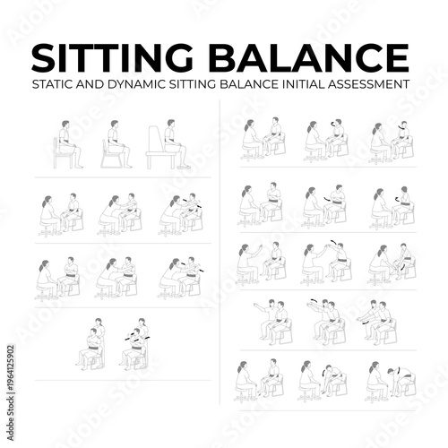 static and dynamic sitting balance initial evaluation illustration set