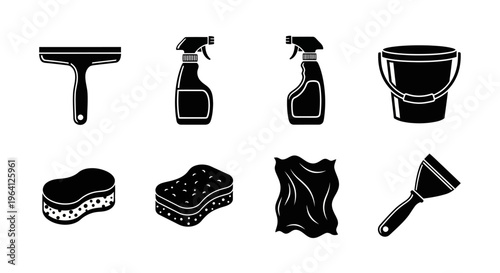 Cleaning Supplies Icons: Squeegee, Sprays, Bucket, Sponges, Cloth, Scraper