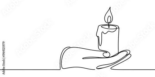 A single continuous line drawing of a hand holding a lit candle for a minimalist design concept