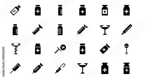 Medical Icons Set: Syringe, Pills, Ampoule, Stethoscope, Rattle, Glass, Pencil
