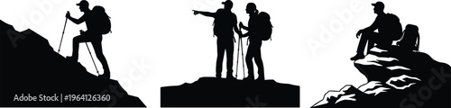 Hiking silhouettes vector set with backpackers climbing mountain trekking outdoor adventure isolated black figures illustration collection travel nature concept