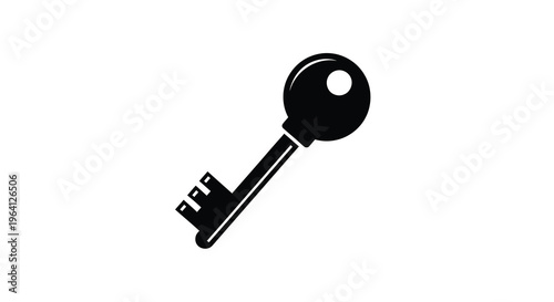 A simple black silhouette depicts a classic metal key with a circular head and a toothed blade high quality professional detailed