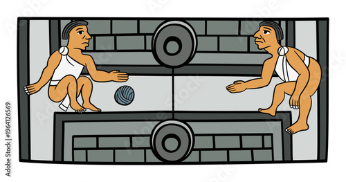 Aztec ball players, playing with a rubber ball, in  an H-shaped court.  Ancient Mesoamerican ballgame, played in a masonry ballcourt, with upper goals, circle shaped stone rings with a hole. Vector