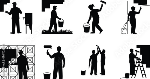 Painter worker silhouettes set with roller brush bucket ladder wall painting construction labor black figures vector illustration collection isolated