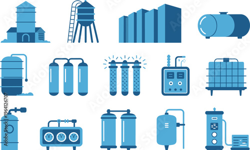 Water treatment equipment vector set with tanks filters pipelines storage systems industrial facility flat design illustration collection purification technology