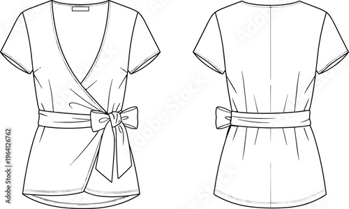 Women wrap blouse front and back view outline with tie waist fashion apparel template vector illustration design