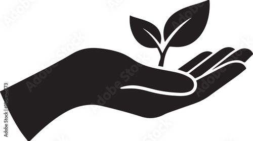 Minimalist hand holding plant sprout vector icon, environmental conservation symbol, black silhouette of human hand with young seedling for ecology
