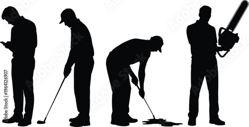 Worker silhouettes set with chainsaw cleaning mopping phone usage labor people black figures vector illustration collection isolated activity