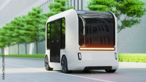 Futuristic white autonomous electric vehicle with sleek design parked on a city street with greenery.