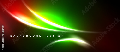Abstract vibrant design features flowing lines, gradients. Red, green, white hues dominate dark background. Text reads background design.