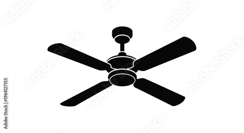 A minimalist black and white illustration depicts a ceiling fan with four blades centered against a plain white background high quality