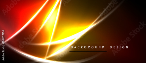 Bright neon lines form abstract shapes. Warm colors dominate, creating dynamic visual effect. Dark background emphasizes luminosity.