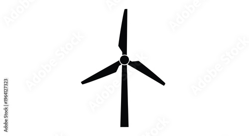 A stark black silhouette of a three bladed wind turbine stands against a completely white background representing renewable energy high quality