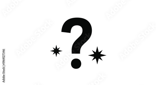 A stark black question mark is prominently displayed with accompanying twinkling starbursts on a white background high quality professional detailed modern