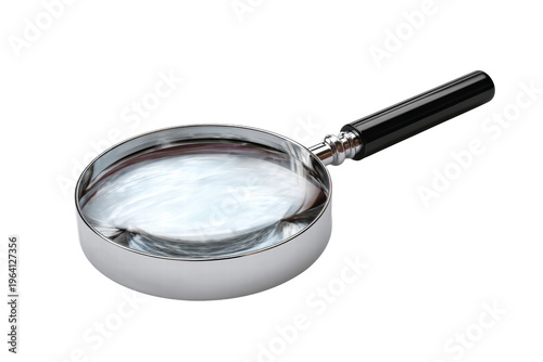 A magnifying glass is shown on a white background. The glass is black and silver, and it is being held by a black handle. Concept of curiosity and exploration, png