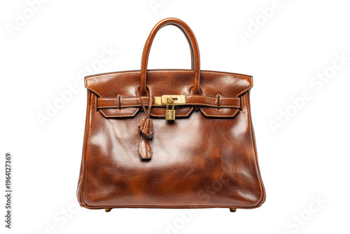 A brown leather purse with a gold clasp is displayed on a white background. The purse is made of high-quality leather and has a gold clasp that adds a touch of elegance to the design, png