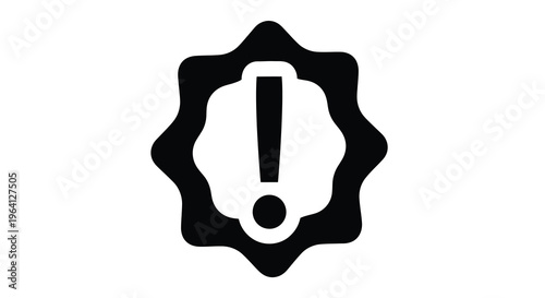 A simple black and white icon depicts an exclamation point within a starburst shape signaling warning high quality professional detailed modern