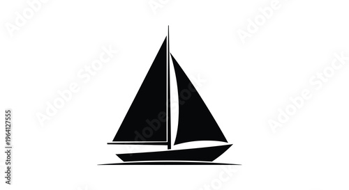 A minimalist black silhouette depicts a sailboat with a triangular sail and sleek hull set against a white background high quality