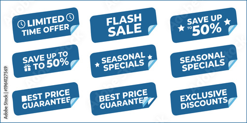 Blue folded ribbon labels for seasonal specials and flash sale vector illustrations.